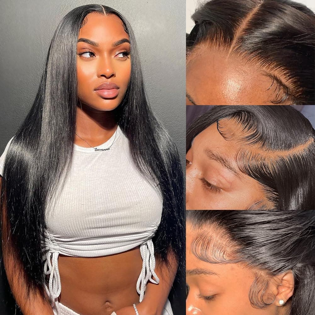 Flady 22 inch HD Lace Front Wigs Human Hair Pre Plucked Slightly Bleached Knots 13x4 Bone Straight Human Hair Wig Natural Black 180% Density Transparent Lace Frontal Wigs For Women
