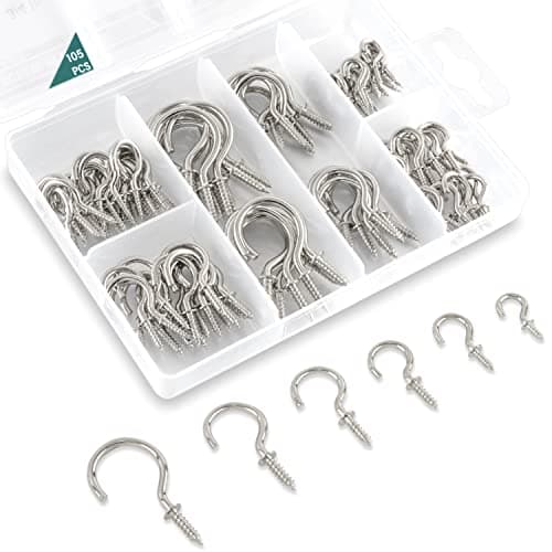 EIENHOSHI 105 Pcs Screw Hooks, 6 Sizes Silver Cup Hooks, Screw in Hooks for Hanging, Metal Cup Hook Screw in (1/2", 5/8", 3/4", 7/8", 1'', 1-1/4")