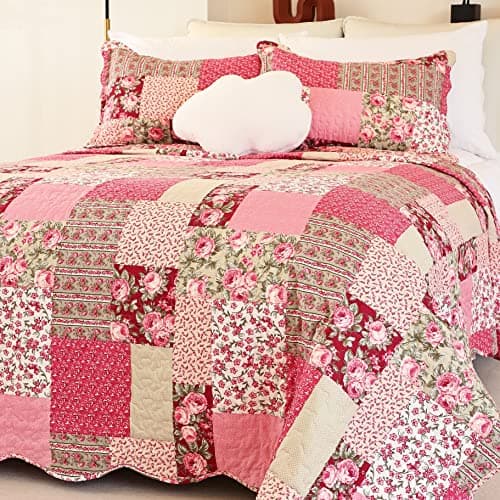 Cmfshape Summer Floral Queen Quilted BedspreadRomantic Pink Quilt Set FullReversible Stitched Bedding Set All SeasonSoft Lightweight Coverlet with Pillow Cases Hot PinkRose Queen90 x90