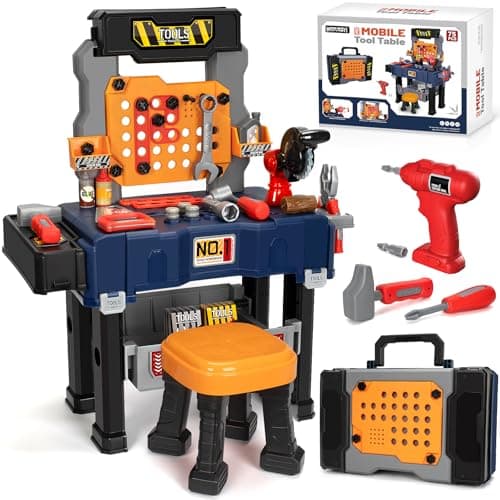 Kids Tool Bench with Electric Drill and Chair Christmas Birthday Gift for Boys Girls Age 345 Fun Play Kids Workbench Transformable Toddler Tool Box Set Construction Tool Toys for Toddler 35