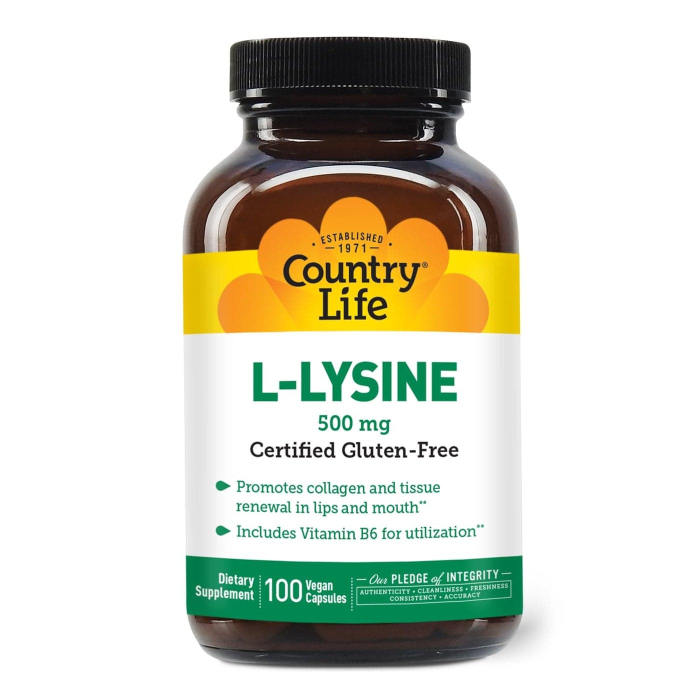 Country Life LLysine 500mg with B6 Supports Immune Health Promotes Collagen Renewal in Lips and Mouth 100 Vegan Capsules Certified Gluten Free Certified Vegan