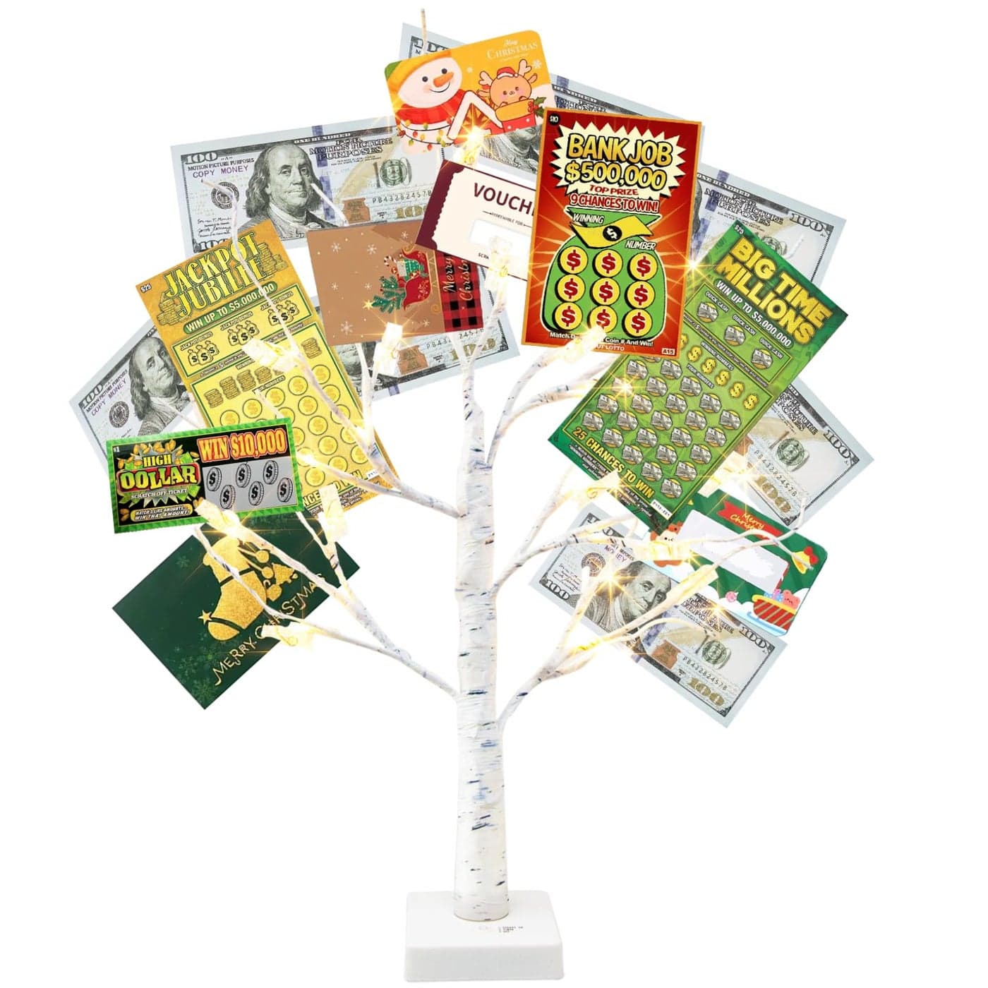 Vanthylit Money Tree Gift Holder Lighted Tabletop Birch Tree with Clips and Greeting Cards Photo Decorations for Birthday Wedding Christmas Graduation Gifts24 LED Warm White