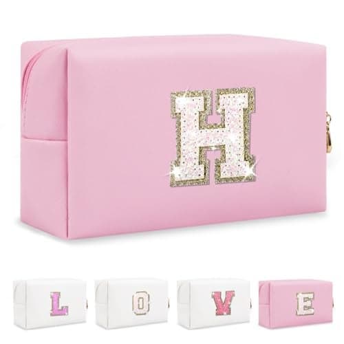 Small Personalized Initial A-Z Patch Makeup Bag,Pink Cute PU Leather Glitter Letter Cosmetic Bag for Teen Girls,Travel Toiletry Bag with Zipper,Preppy Monogrammed Birthday Gift for Daughter Niece H