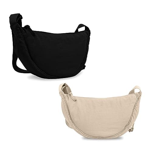2 Pcs Nylon Crescent Crossbody Bag for Women Purses Trendy Men,Small Travel Sling Bag Hobo,Lightweight Fanny Pack with Zipper Adjustable Strap,Round Shoulder Pouch Bag for Everyday Use(Beige+Black)