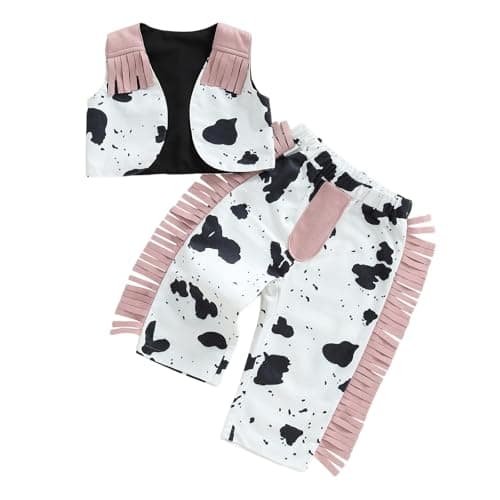 Rourufy Toddler Baby Girl Western Outfit Kids Cowgirl Cow Print Top Vest Tassel Pants 2pcs Set Girls Spring Fall Clothes (A Cow Print Pink, 12-18 Months)