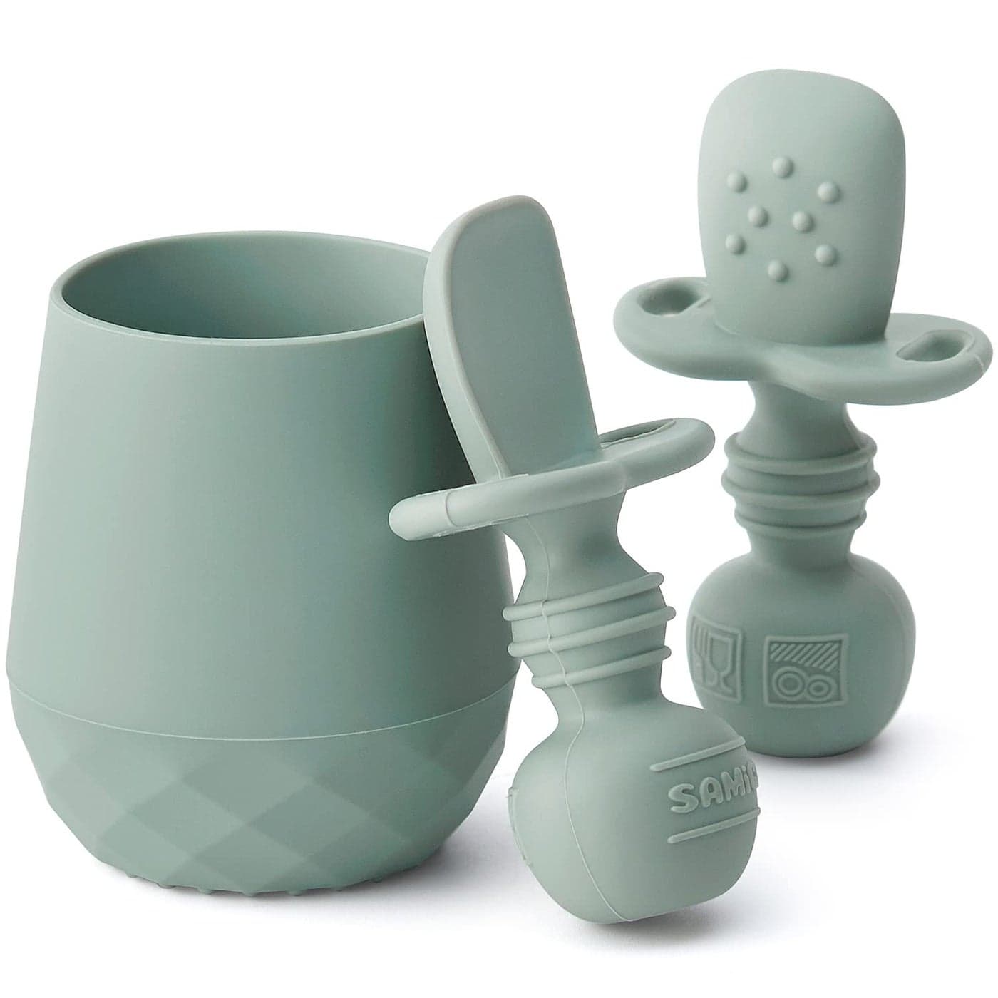 SAMiGO Silicone Baby Utensils Self Feeding Spoons and Tiny Training Cup First Stage Baby Led Weaning Supplies for 6 Months Infants Set of 3