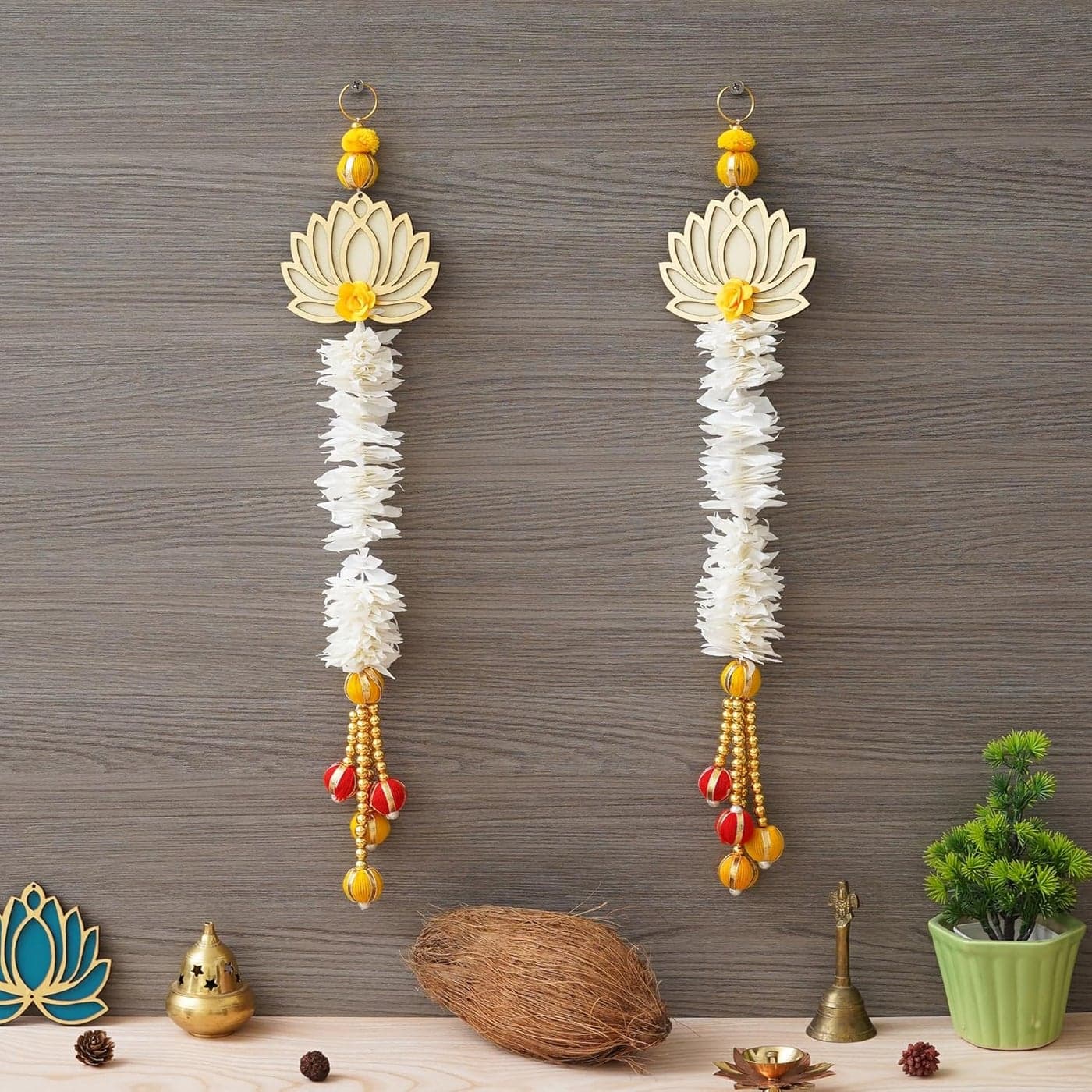 Webelkart Premium White and Gold Lotus Wall Hanging Wall Decor |Temple Decor Home and Office Decor| Lotus Back Drop Hanging (Set of 2) (White)