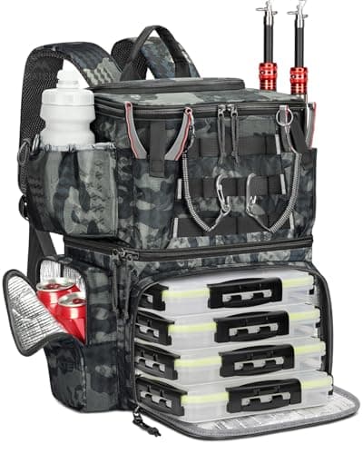 MATEIN Fishing Backpack with 4 Tackle Boxes Rod Holder Tackle Backpack with Safety Compass Insulated Compartment Water Resistant Fishing Tray Bag Storage Gear and Equipment Gifts for Fishermen