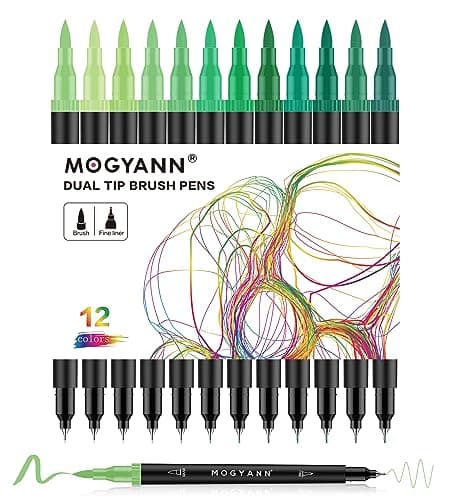 Mogyann Green Markers 12 Pack Dual Brush Pens Drawing Markers for Art Sketching