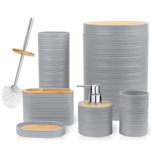 CERBIOR Bathroom Accessories Set 6 Piece Bamboo Bath Ensemble Includes Soap Dispenser Toothbrush Holder Toothbrush Cup Soap Dish for Decorative Countertop and Housewarming Gift Sriral Grey