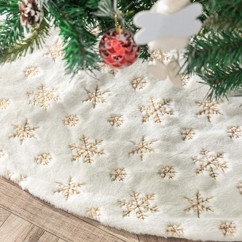 Amidaky Christmas Tree Skirt 30 inches White Faux Fur Gold Snowflake Sequin Embroidered Luxury Tree Skirt Xmas Decoration