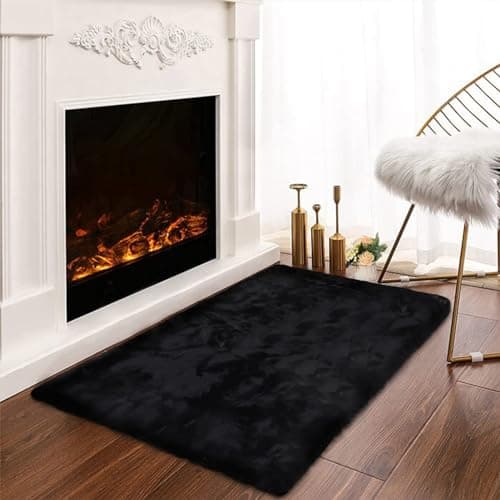 Latepis Small Black Fluffy Rug 2x3 Throw Faux Rabbit Fur Soft Rug Washable Furry Shag Rugs for Bedroom Dorm Nursery Chair Seat Cover Shaggy Cute Rugs for Room