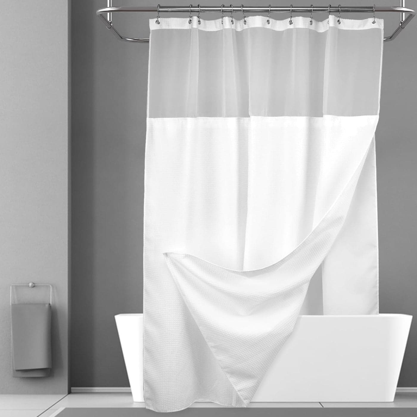 NY HOME Waffle Weave Shower Curtain with Snapin Fabric Liner Set 12 White Hooks Included Hotel Style Waterproof Washable Heavyweight Fabric Mesh Top Window 71x72 White