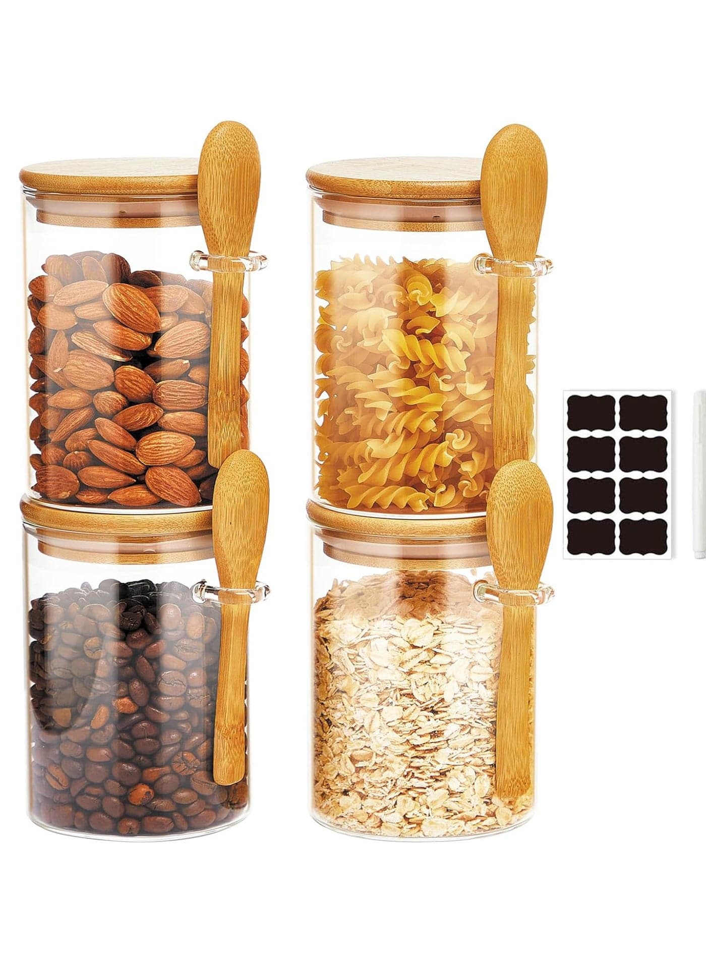 4-Pack 550ml(18.6oz) Glass Jars With Aitight Bamboo Lids and Spoon,Spice Jars Overnight Oats Jars Breakfast Jars Sugar Salt Coffee Tea Candy Cookies Jars, Kitchen Storage (4Pack550ML)