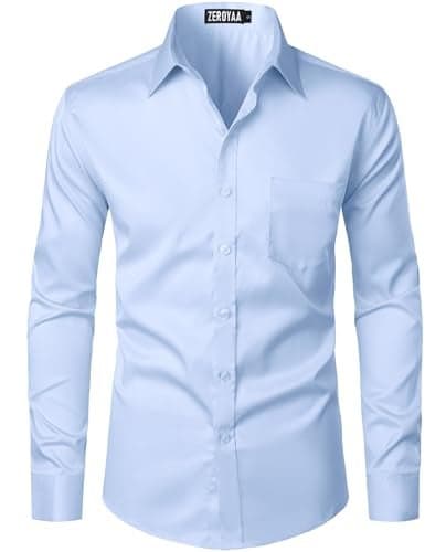ZEROYAA Men's Urban Stylish Casual Business Slim Fit Long Sleeve Button Up Dress Shirt with Pocket ZLCL29 Sky Blue Medium