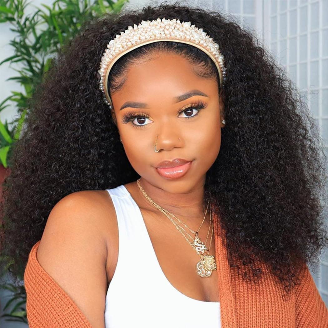 Rebasar Human Hair Headband Wig Deep Wave 18 Inch Curly Headband Wig Human Hair Wigs for Black Women Human Hair Glueless No Lace frontal Brazilian Virgin Hair Black Wear and Go Wig with Headband