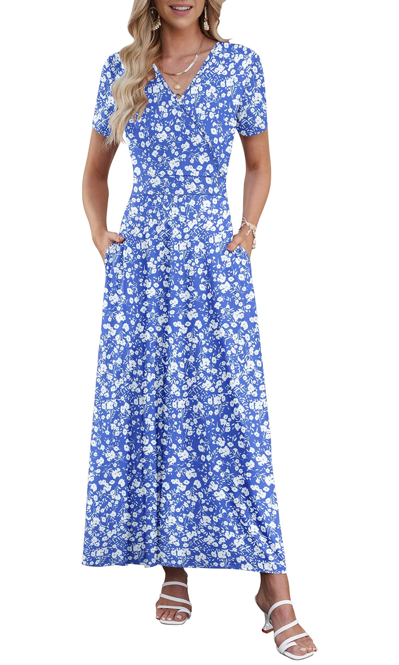 AUSELILY Blue Floral Wrap Long Dress for Women Short Sleeve V Neck Maxi Dress with Pockets L