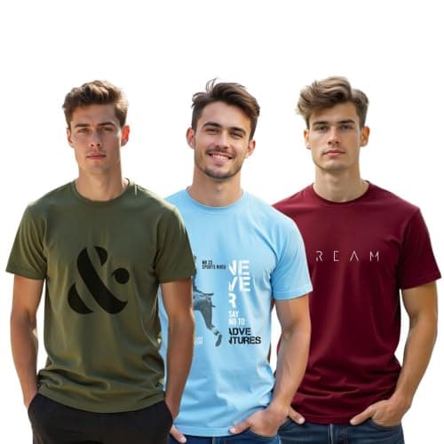 NOBERO Cotton Men's Letter Print Regular Fit T-Shirt (1M-TWTS-C0761-144X7_Olive Green/Powder Blue/Wine Red, 3XL