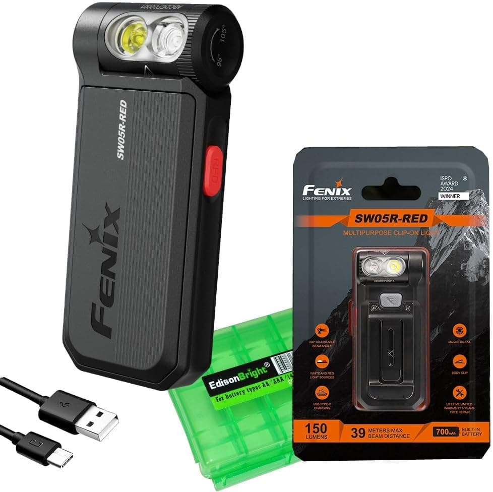 Fenix SW05RRED Clip On Flat Body swival Flashlight with Red Light with EdisonBright Accessory case Bundle Black