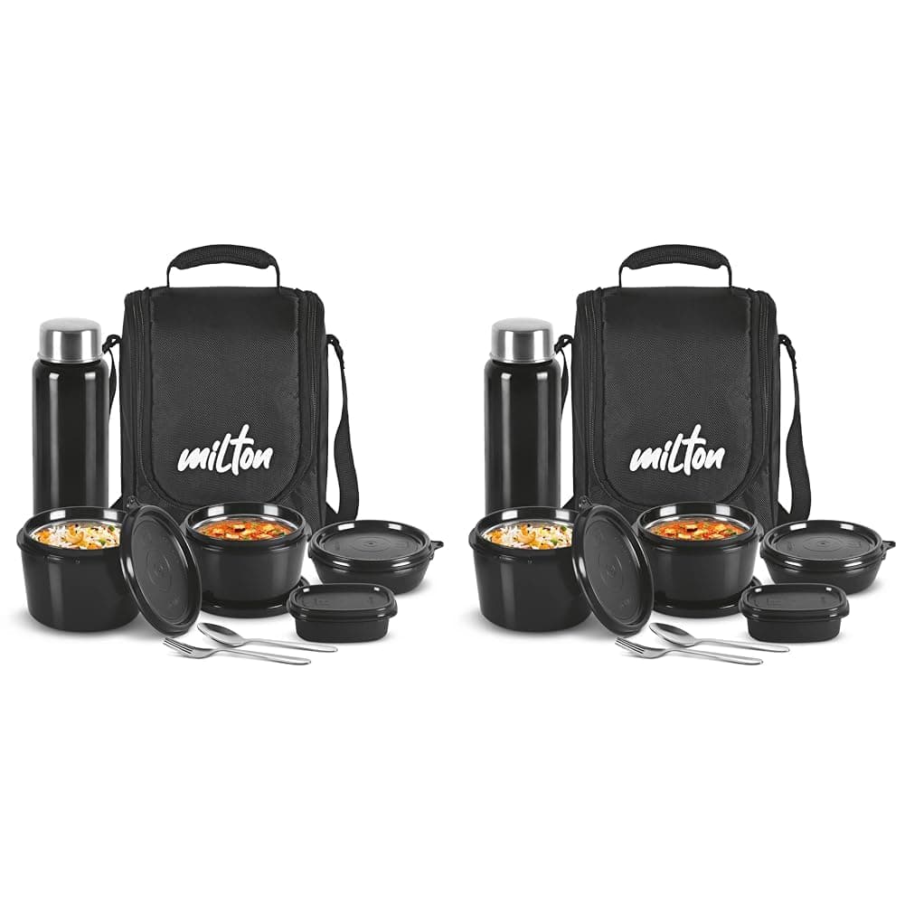 Milton Pro Lunch Tiffin (3 Microwave Safe Inner Steel Containers, 180/320/450 ml; 1 Plastic Chutney Dabba,100 ml; 1 Aqua Steel Bottle, 750 ml, Steel Spoon and Fork) With Insulated Fabric Jacket, Black
