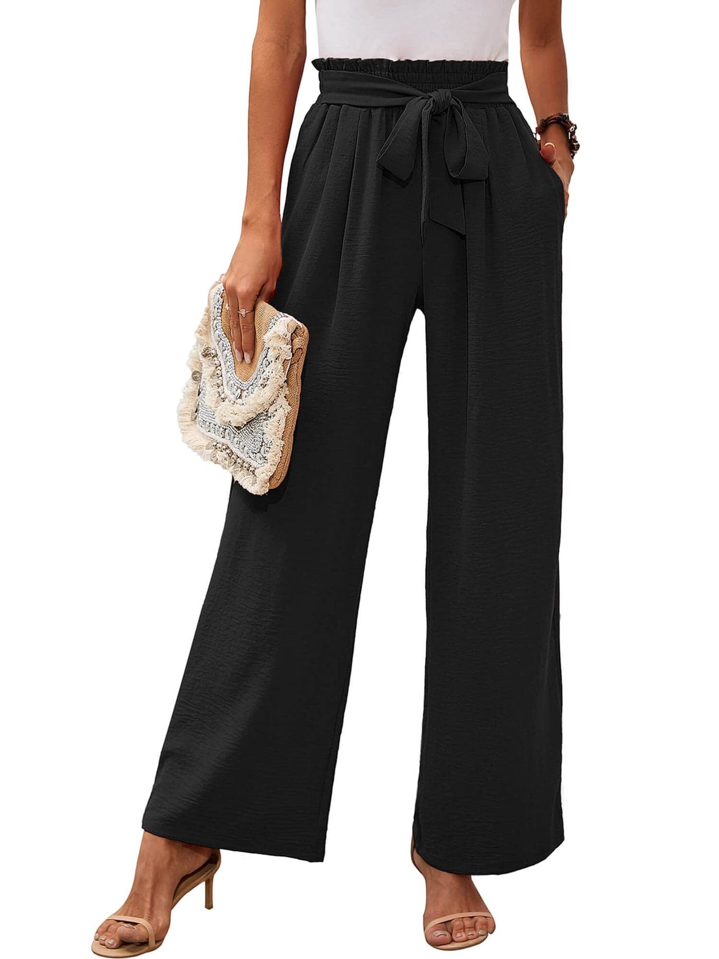 Heymoments Women's Wide Leg Lounge Pants with Pockets Black Small Lightweight High Waisted Adjustable Tie Knot Loose Comfy Casual Trousers