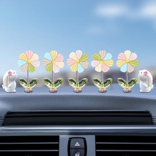 Kurilai 7pcs Cute Car Rearview Mirror Accessories Funny Bunny Car Ornament Shaking Spring Flower Dashboard Decorations Interior Decor Present for Men Women