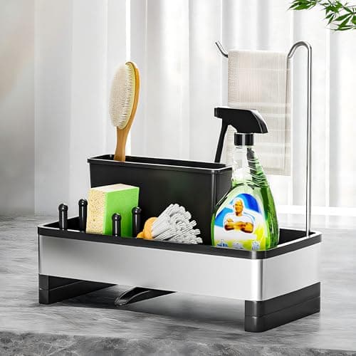 Ewaiira Sponge Holder for Kitchen Sink Stainless Steel Sink Caddy with Brush Holder Dishcloth Rack Countertop Sink Organizer Soap Dispenser Kitchen Organizers Storage Essentials DBlack 98