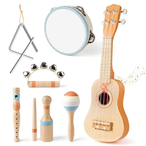 Vanplay Kids Guitar Set Montessori Toys for 2 3 Year Old Boy Girls Birthday Gifts 7 in 1 Musical Instruments for Toddlers 24 Band Sets with UkuleleFluteTambourineMaracas Toys for Kids 35