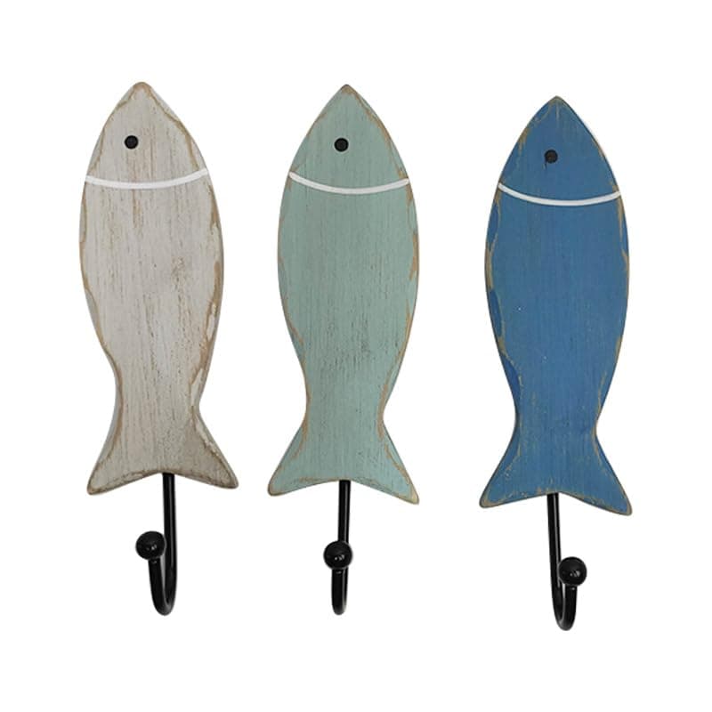 The Bridge Collection Set of 3 Fish Wall Hooks Nautical Mounted Hooks for Beach or Lake House Decor Coastal Wall Hangers Made of Wood