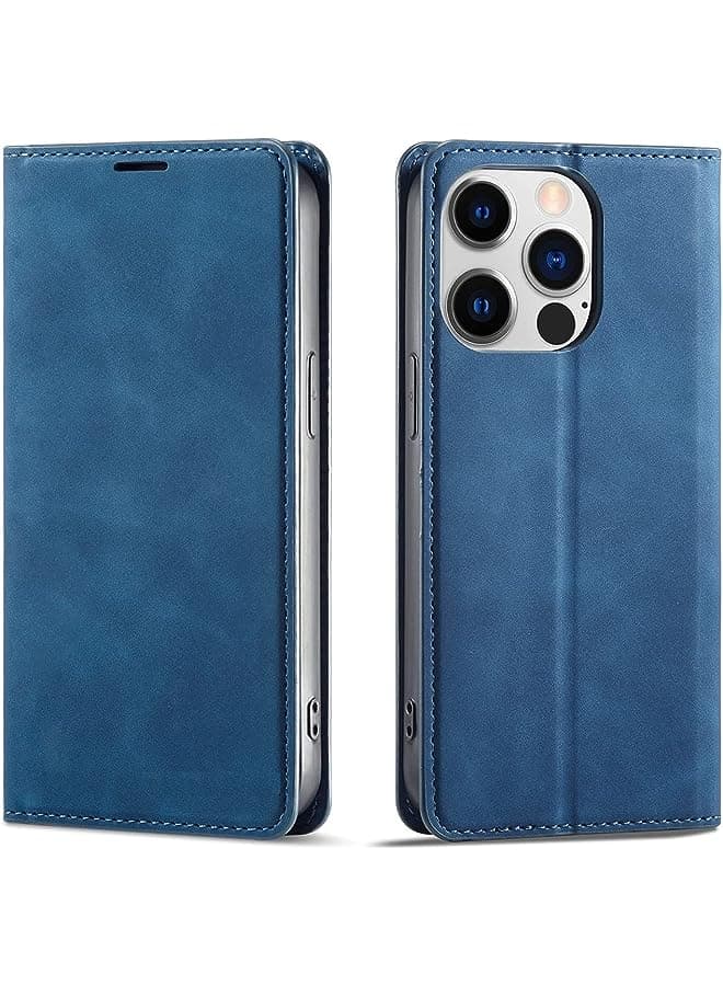 Luxury Genuine Leather flip Wallet Case Compatible with iPhone 13 Pro, 3 Card Holder Slot Magnetic Flip Kickstand Wallet Case for iPhone 13 Pro 2021 -Blue