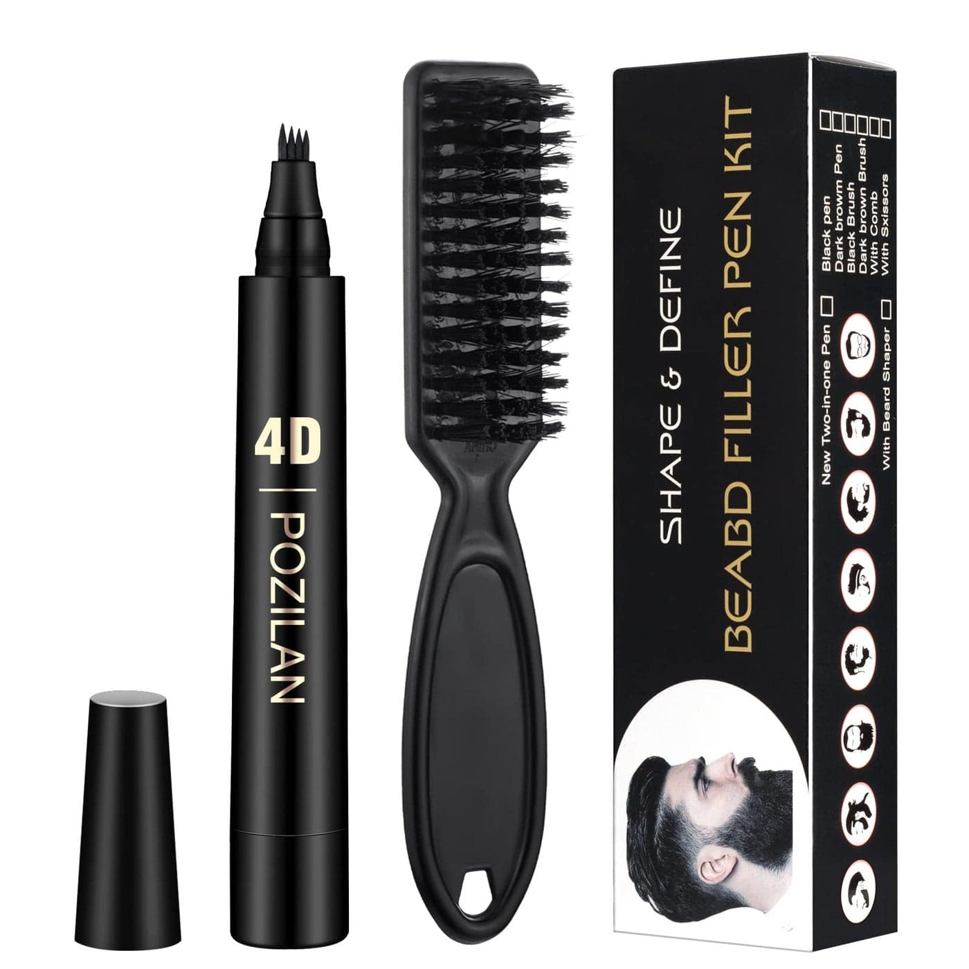 LongLasting WaterResistant Black Mens Beard Grooming Kit MicroFork Tip Pen Bristle Brush for Natural Looking Mustache Eyebrows and Facial Hair Styling