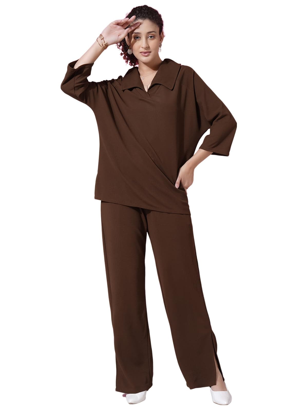 Selvia Women's Co-ords Set|Lycra Oversized Top & Trouser Set|Casual Co-ords Set for Women|Two Piece Co-ord Set|Office Wear Co-ords Set(710CTK11694N-M_Brown)