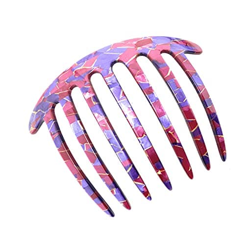 French Amie 7 Teeth Handmade Cellulose Side Hair Comb Flexible Durable Hair Combs Strong Hold Hair Clips for Women No Slip Styling Girls Paris Hair Accessories, Made in France (Pink-Purple Mosaic)