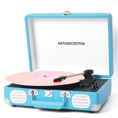 MANGOSTAN Record Player 3 Speed Bluetooth Portable Suitcase, Vinyl Phonograph with Built-in Bass & Speakers, Belt-Driven LP Player Support AUX-in RCA Line Out Headphone Jack, Blue