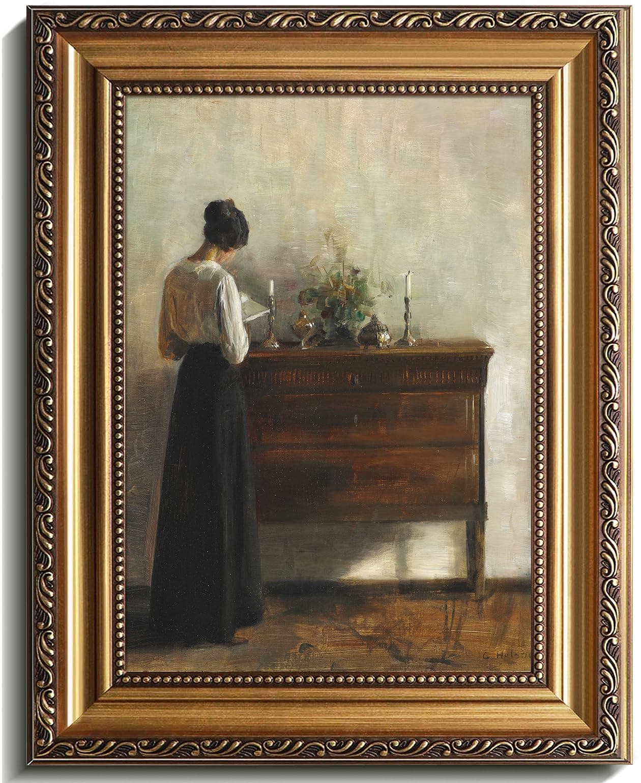 Vintage Gold Framed Wall Decor Woman Reading Portrait Oil Painting, Vintage Danish Canvas Wall Art Dark Academia Aesthetic Print, 19th Century Antique Poster Retro Gallery Bedroom Decor 9x12