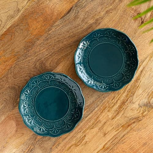 ExclusiveLane 'Teal Forest' Hand Glazed Ceramic Plates for Dinner Set of 2 (Dishwasher & Microwave Safe Plates) | Hand-Etched Quarter Plates Set Dinner Plates Snacks Plates Ceramic Serveware