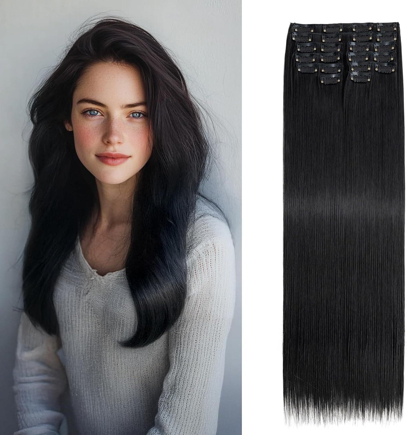 Benehair 22 Clip in Hair Extensions 12 Pcs Long Straight Hair Extensions Clip in Synthetic Fiber Full Head Natural Extension Black Hair Piece for WomenBlack 180g