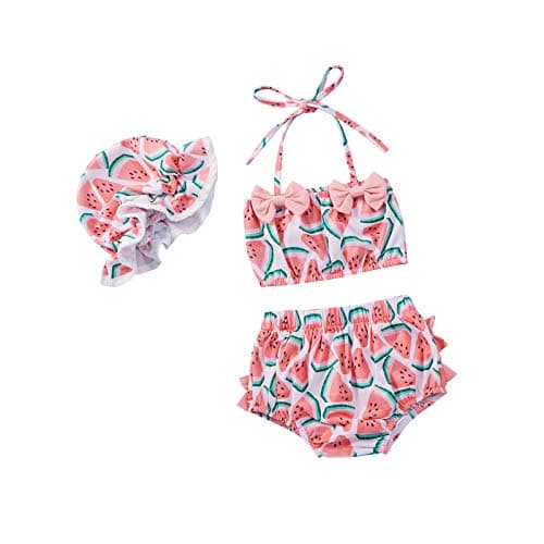 Toddler Girl Swimsuits Infant Baby Girl Bathing Suit Bikini Sets Swimwear 3 Piece Summer Beach Outfit Top Shorts Hat (Pink Watermelon, 12-18 Months)
