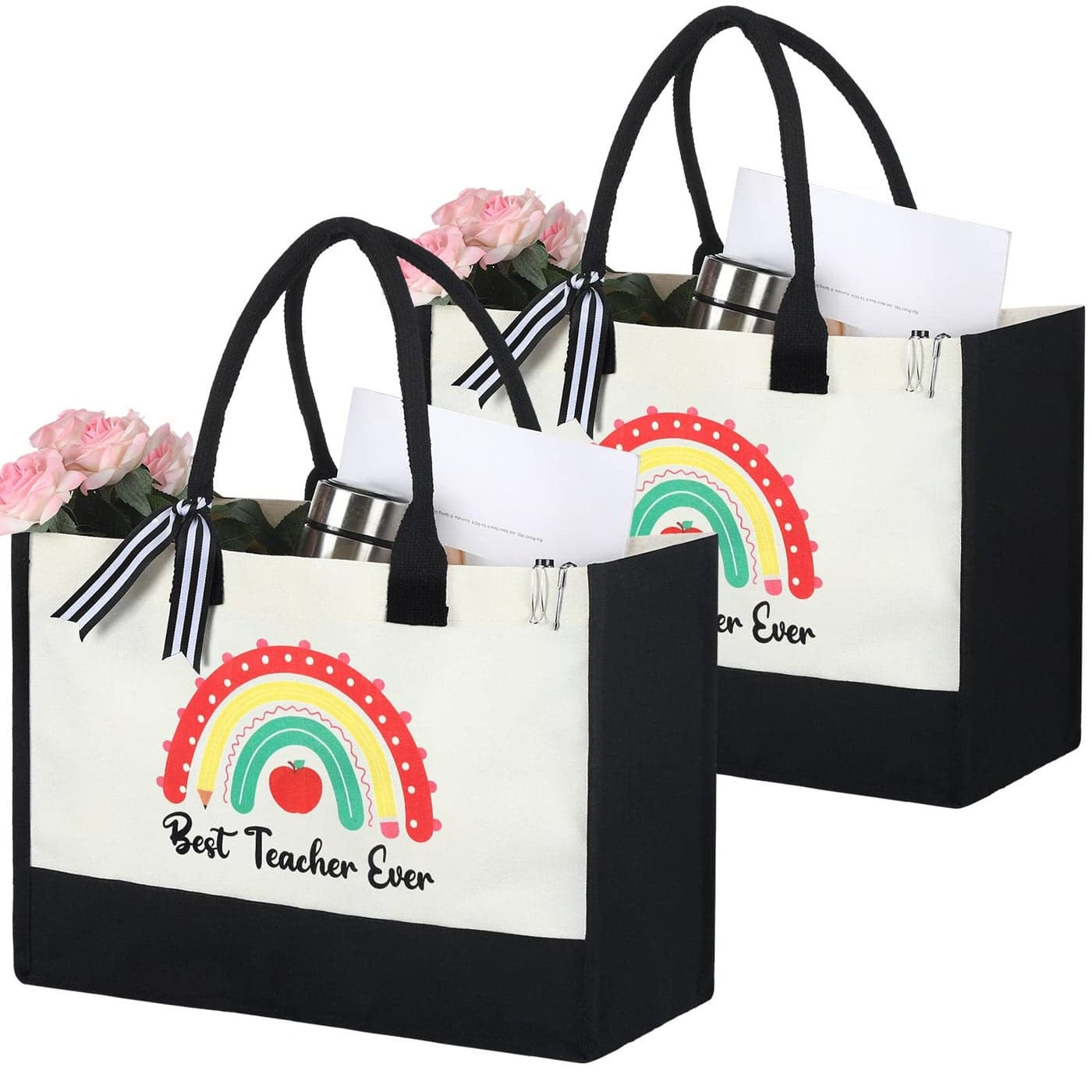 Panelee 2 Pcs Teacher Appreciation Gifts Teacher Canvas Tote Bag Thank You Gifts for Women Student End of Year GraduationBest Teacher Ever