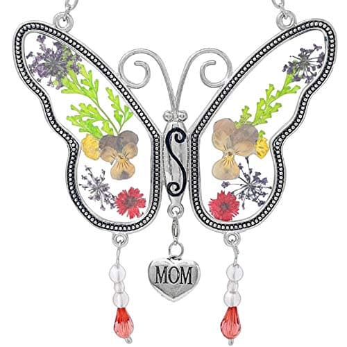 Mom Butterfly Suncatcher - Heart Charm and Pressed Flower Wings - Keepsake Gift for Mother - Multicolor Flowers and Hanging Beads - 4.5" H