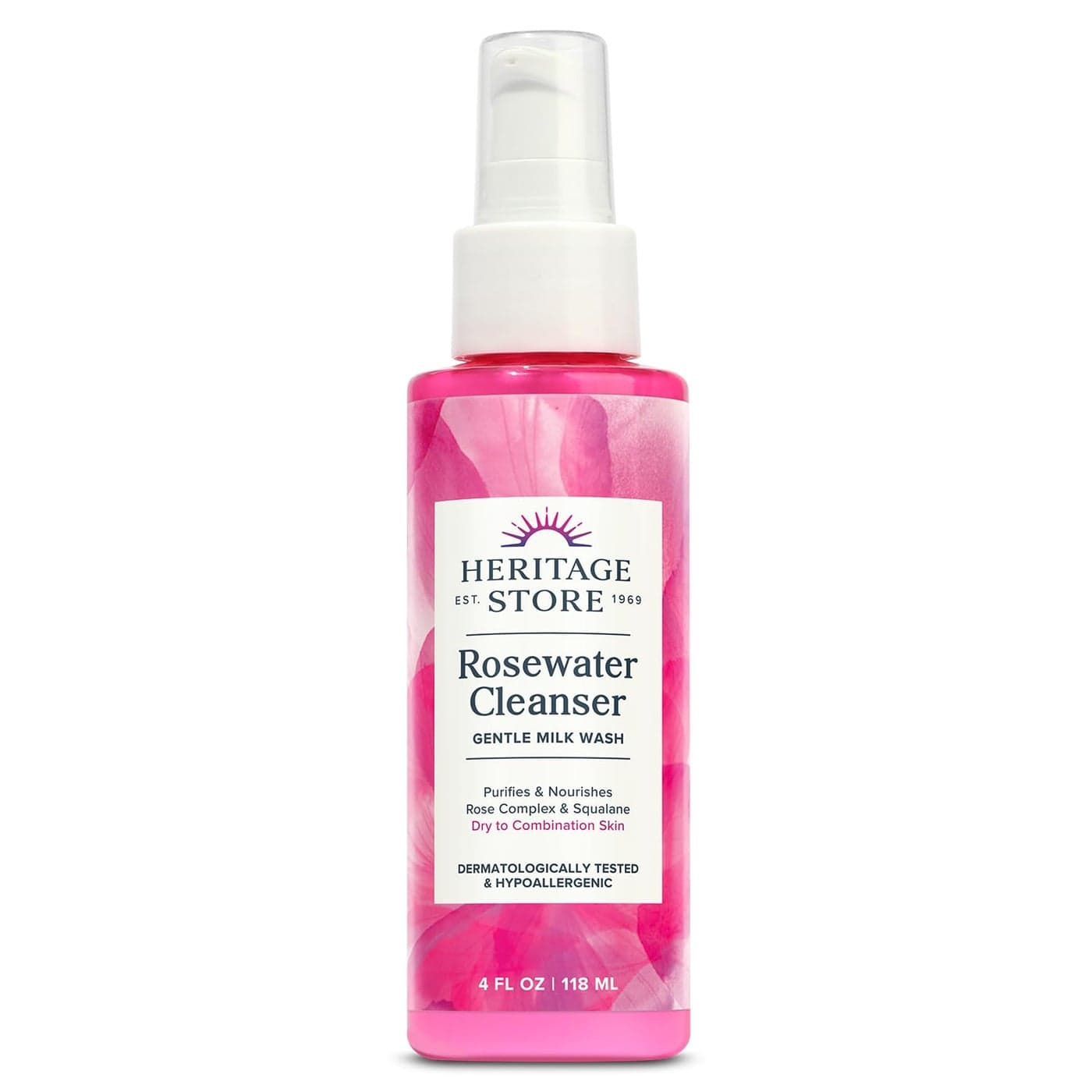 HERITAGE STORE Rosewater Facial Cleanser, pH Balanced Milk Wash Purifies and Nourishes w/ Squalane and Rose Complex, Dry to Combination Skin, Hypoallergenic, Vegan, Cruelty Free, 60-Day Guarantee, 4oz