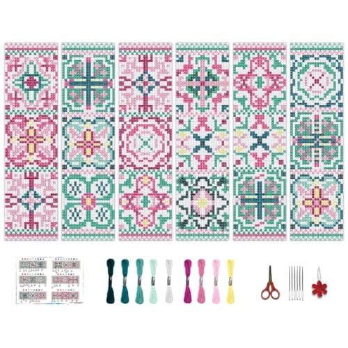 BEUNITONE Cross Stitch Bookmark Kits 6 Pcs Variegated Flowers DIY Bookmarks Cross Stitch Set for Adults Beginners Hand Embroidery Set Traditional Decorative Patterns Craft Kits for Gifts 8x24