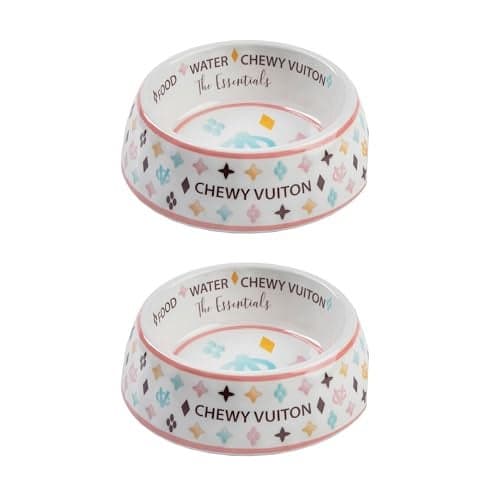 Haute Diggity Dog White Chewy Vuiton Dog Bowl, BPA-Free Food & Water Bowl for All Breeds, Non-Skid Bottom, Dishwasher Safe, Size Small, Case of 2.