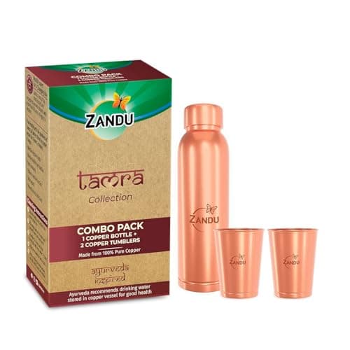 Zandu Copper Gift Set Pack (1 Bottle & 2 Tumbler): Made with 100% Pure Copper |Supports Digestive & Liver Health | Helps Enhance Immunity| Useful in Promoting Overall Health (Pack of 950ml & 2x300ml)