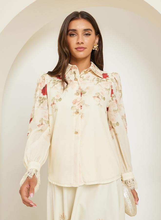 Women Cream Floral Print Long Sleeve Shirt