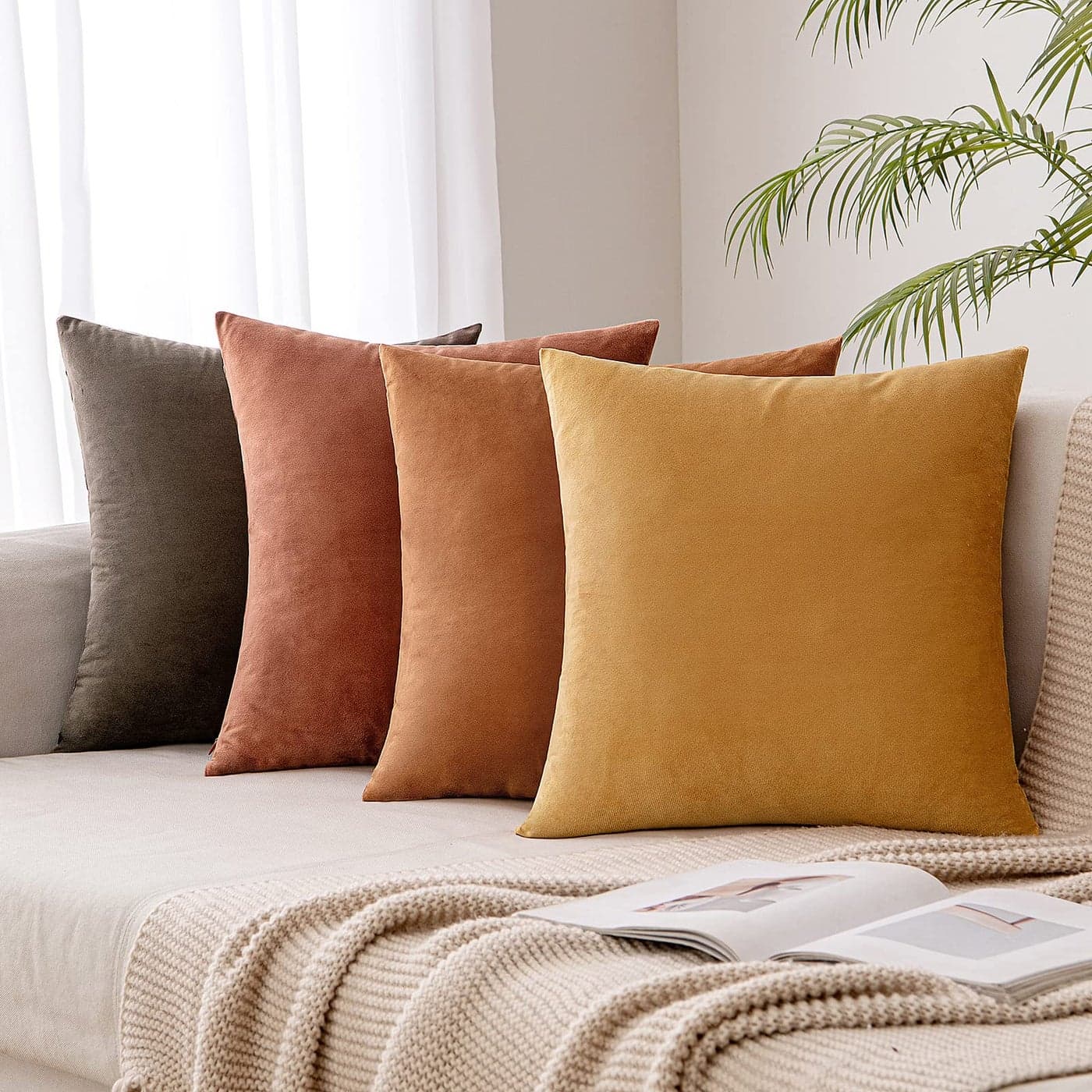 MIULEE Set of 4 Velvet Cushion Covers Soft Decorative Square Throw Pillow Cover Luxury Pillowcases for Livingroom Sofa Bedroom with Invisible Zipper 40cm x 40cm16x16 Inches Khaki Series