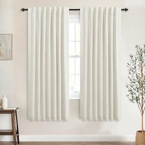 Linen Blackout Curtains for Bedroom 63 Inches Long, Black Out Curtains for Living Room Kids 63 Inch Length 2 Panels, Cream Beige