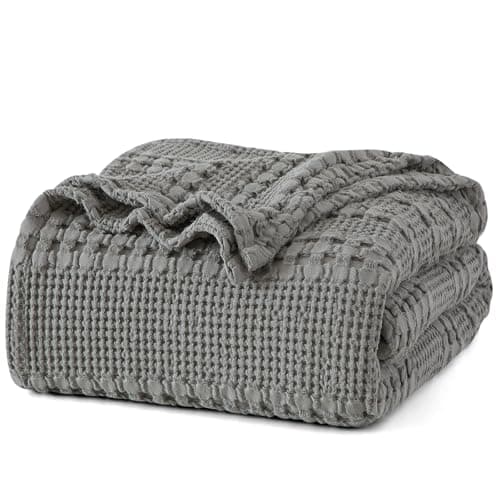 PHF 100% Cotton Waffle Weave Blanket Queen Size for Bed, Soft Lightweight & Breathable, All-Season Comfort, Luxury Aesthetic Woven Bedding for Home Decor, 90"x90", Dark Grey