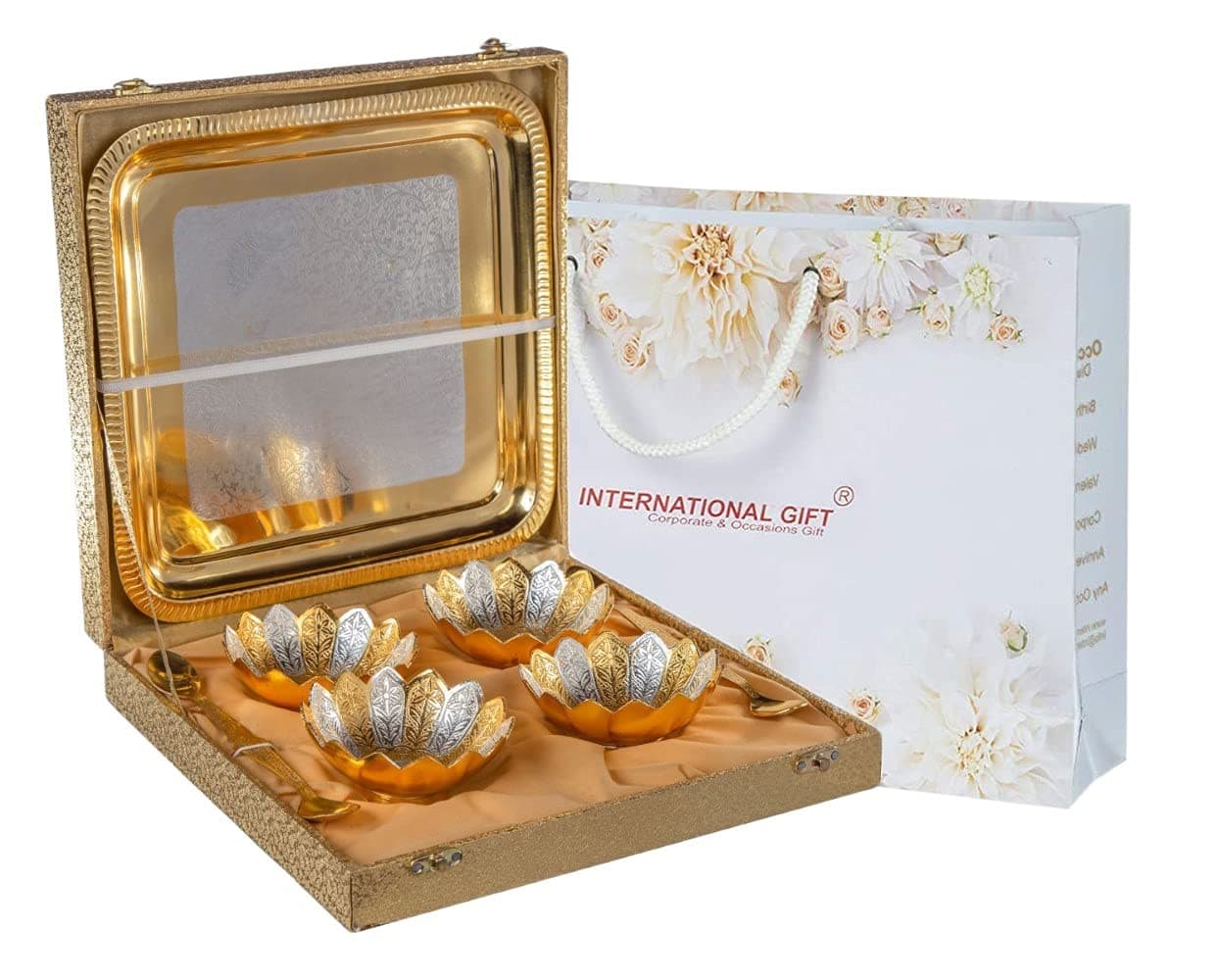 INTERNATIONAL GIFT® German Silver Brass Round Bowl Set with Tray and Spoon with Velvet Box Used for Dry Fruit, Sweets, Snacks and Return Gifts