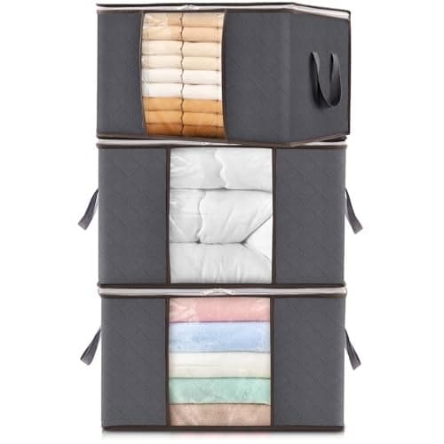 Lifewit 3 Pack 60L Clothes Storage Bins with Lids Foldable Blanket Storage Bags with Zippers Clear Window and Reinforced Handles Closet and Organization for Clothing Sweater Comforter Bedding